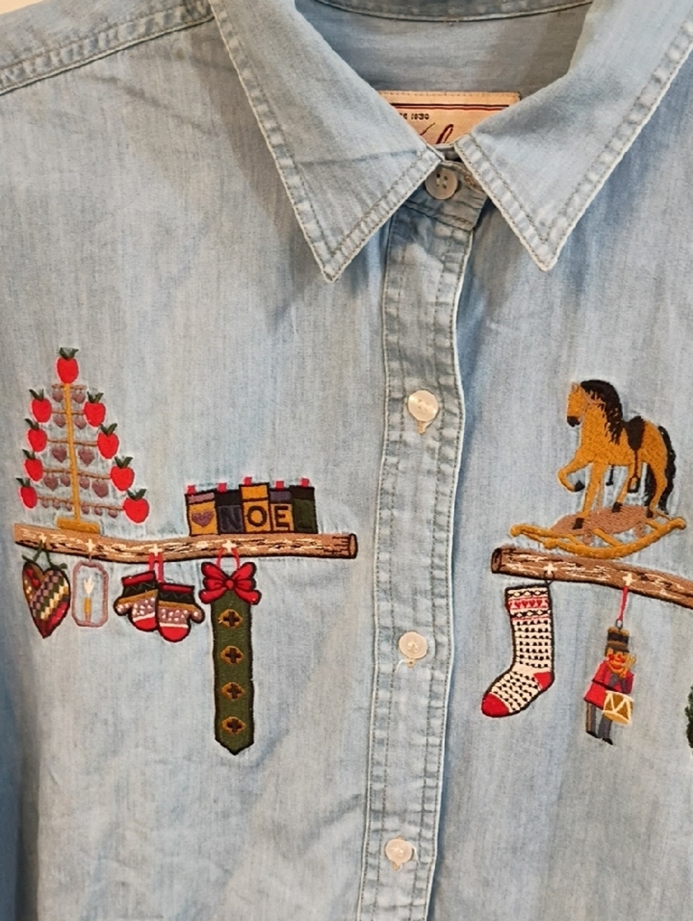 Woolrich Light Blue Embroidered Holiday Denim Button-Down Shirt - Picture 3 of 5